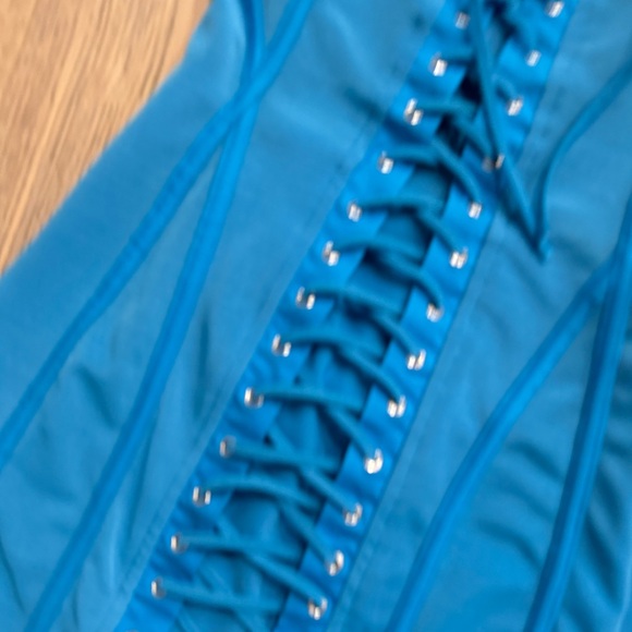 Oh Polly NWT Lace Up Corset Mini Dress Blue US 0 Mesh Turquoise Bodycon Bustier - Picture 5 of 8